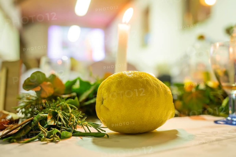 Candle and lemon with plants on a decorative table, wedding, Grossglattbach, Germany