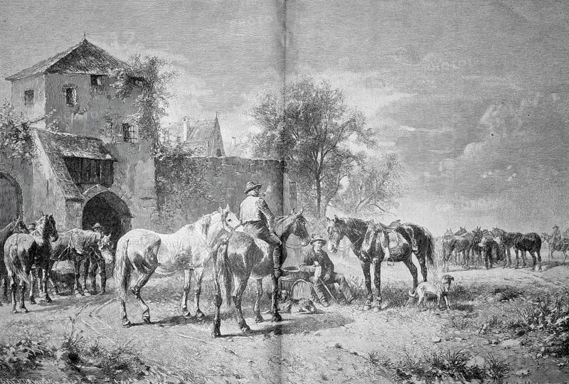 Horse market in Middle Franconia, Bavaria, around 1880, creates the atmosphere of a traditional, rural trading center in southern Germany. On display are farmers, dealers and potential buyers examining the horses, negotiating or sitting together for a rest, Germany, illustration, reproduction of a model from the 19th century. Authentic, file restored for optimal use, exact date of submission unknown, historical