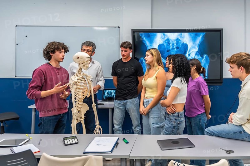 Group of high school students and their teacher analyzing a human skeleton model during an anatomy lesson, with x ray images of the pelvis displayed on a large screen in a modern classroom