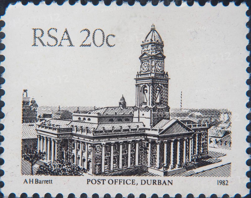 The Post Office in Durban, built in 1885, in South Africa. Image on South African postage stamp