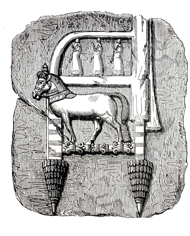 Relief of an Assyrian throne. At the center is a richly decorated horse with detailed bridle and headdress, Assyria, illustration, reproduction from a model from the 19th century. Authentic, file restored for optimal use, exact date of submission unknown, historical