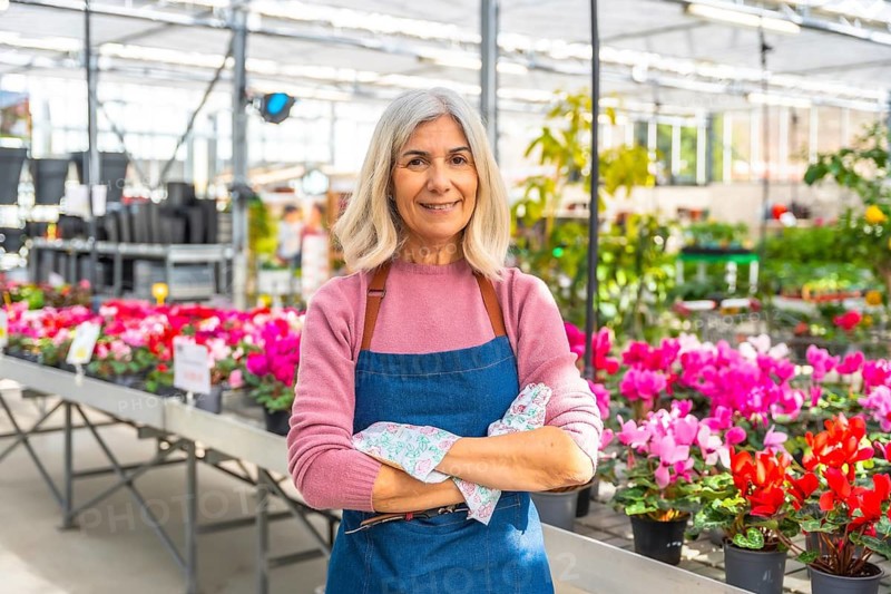 Senior woman wearing an apron and gardening gloves, standing confidently with crossed arms in a vibrant flower nursery, representing small business ownership and a passion for horticulture