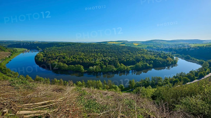 Green hills and dense forest surround the quiet river, Mainschleife, Urphar, Wertheim, Main Tauber Kreis, Spessart, Lower Franconia, Baden-Württemberg, Germany