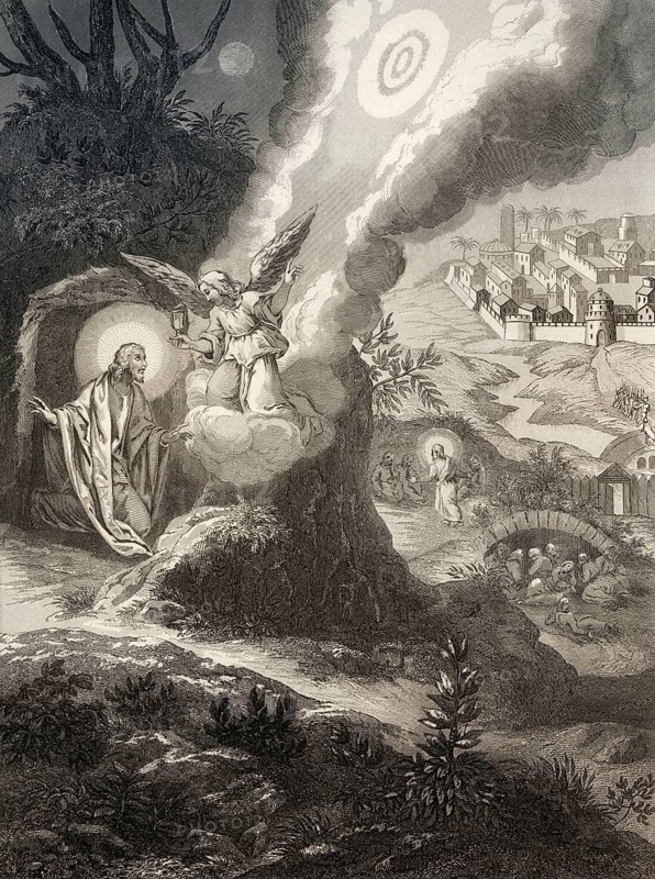The Agony in the Garden of Gethsemane, New Testament, steel engraving 1853, digitally restored