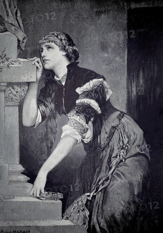 Gretchen in front of Mater Dolorosa, based on a painting by Hans Makart. A key scene in Goethe's Faust I, in which the desperate, pregnant and outcast by society Gretchen prays in front of a picture of Mary. She pleads for help against shame and death, illustration, reproduction of a model from the 19th century. Authentic, file restored for optimal use, exact date of original unknown, historical, young woman in period clothing leaning dreamily against a staircase