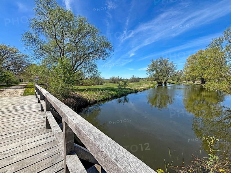 A quiet river flows under a blue sky next to a wooden bridge and green trees, Gartow, Lower Saxony, Wendland, Germany