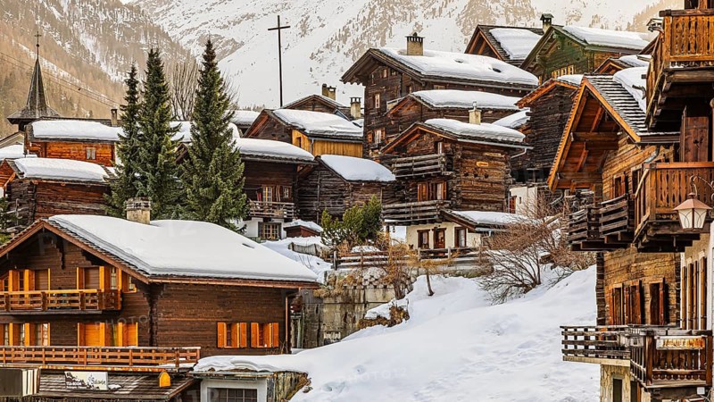 Snow-covered old farmhouses, large wooden cross, historic town center, Grimentz, Val d'Anniviers, Valais Alps, Canton of Valais, Switzerland