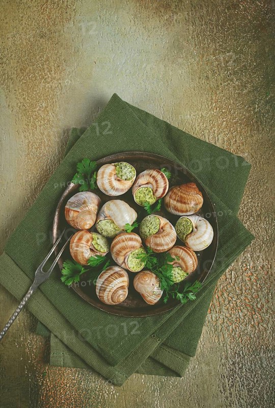 Grape snails stuffed in Burgundy, with butter and herbs, French cuisine, no people