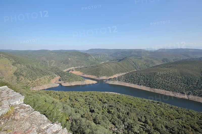 View from Castillo de Monfragüe to riverbank landscape from the river, Rio Tajo, estuary, river valley, mountains, reservoir, landscape, Monfragüe, Extremadura, Spain
