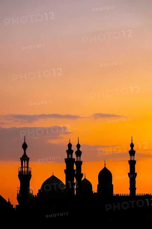 The two mosques al-Rifa'i and Sultan Hassan in Cairo, Egypt, silhouette, sunset, studio, Baden-Württemberg, Federal Republic of Germany