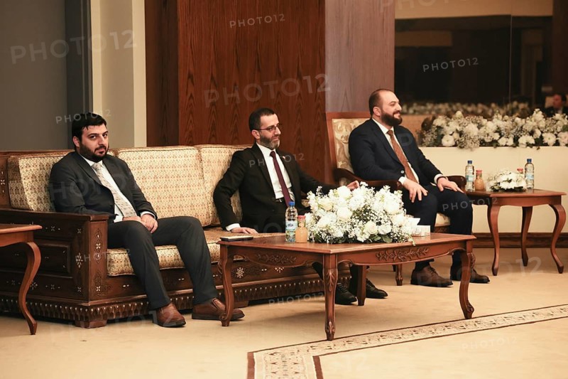 In Damascus, Syria on February 5, 2026, Syrian Foreign Minister Assad al-Shaibani meets with the Saudi Minister of Culture, Prince Badr bin Abdullah bin Farhan Al Saud, on the sidelines of the Damascus International Book Fair opening. The meeting highlights the strengthening of Syrian-Saudi diplomatic and cultural relations, Damascus, Damascus, Syria