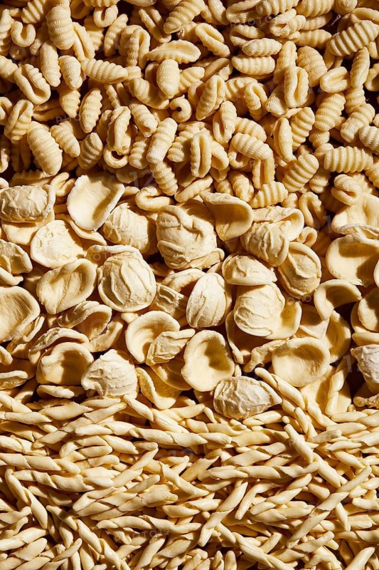 From above, this image showcases a variety of fresh homemade pasta types neatly arranged. The collection includes orecchiette, fusilli, and trofie, each with distinct shapes and textures