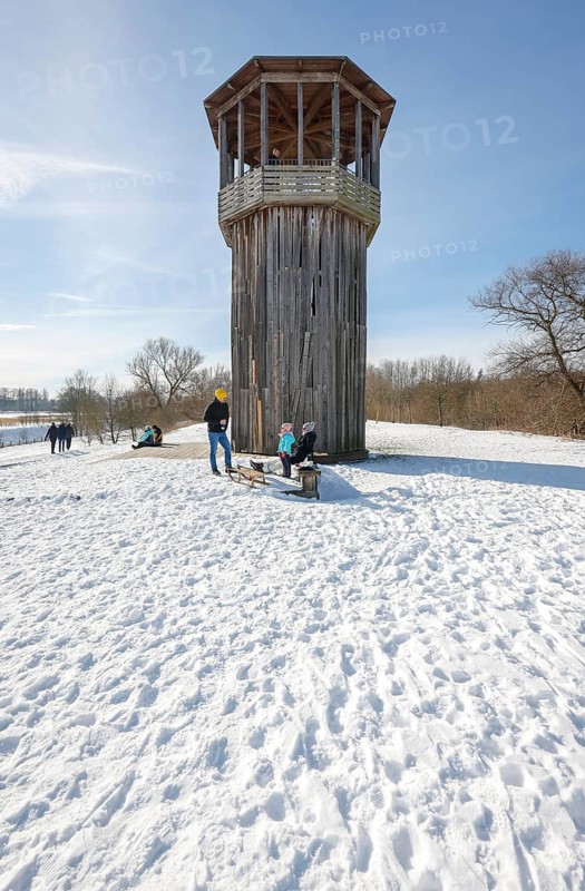 Recklinghausen, North Rhine-Westphalia, Germany - Sunny winter landscape in the Ruhr area, Emscher art in the snow, Kawamata Tower on the Emscher, WALKWAY AND TOWER, 2010, by Tadashi Kawamata