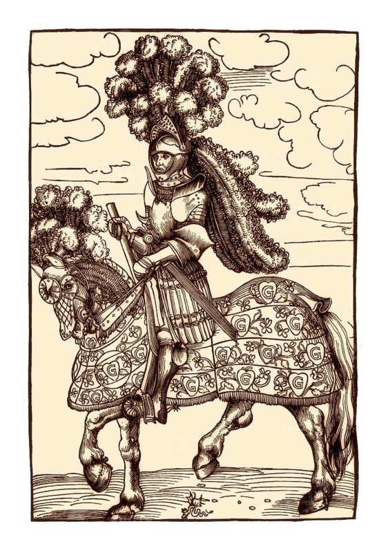 A knight on horseback in rich tournament armor by Lucas Cranach, facsimile of the 19th century