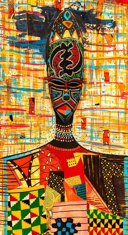 Ghanaian woman as a three-dimensional work of art by a Ghanaian artist, a colourful work of art on canvas, upper part with abstract painting, face mask with artificial pearls, dress made of individual textiles, Ghana