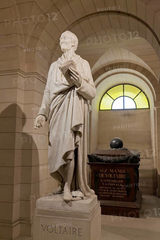 Statue and tomb of Voltaire, crypt of the Panthéon, National Hall of Fame, Latin Quarter, Paris, France