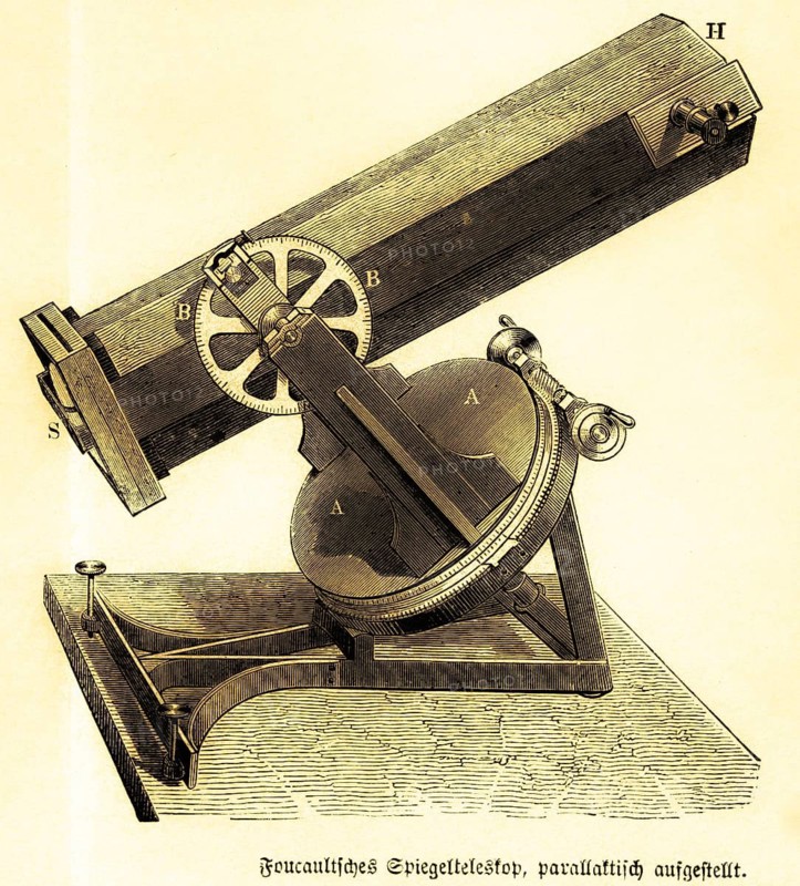 Foucault reflecting telescope, parallactic, Jean Bernard Léon Foucault (1819 -1868) optics, French physicist, optical telescope with concave mirror, use, observatory, astronomy, member of the French Academy of Sciences, mechanics, inventor, profession, help, work, title, technology, history, France, historical illustration 1885