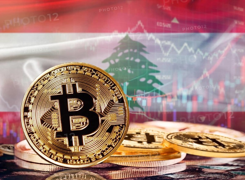 Bitcoin with Lebanese flag in the background. Investors in cryptocurrency and Blockchain Technology in Lebanon, Concept