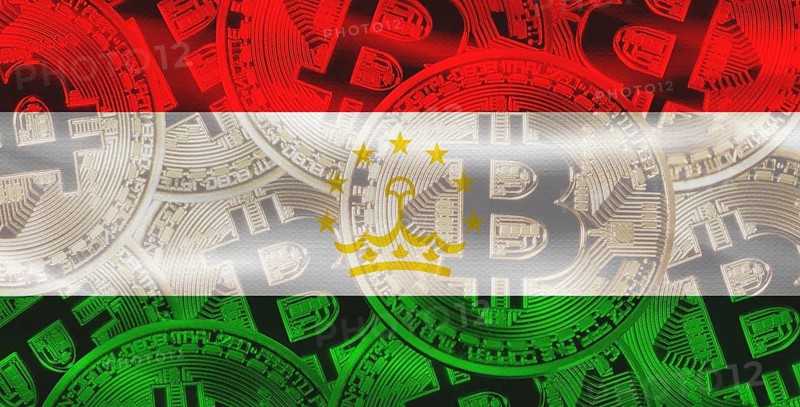 Tajik flag with Bitcoin in the background. Bitcoin cryptocurrency with Tajikistan flag, Investors in Blockchain Technology