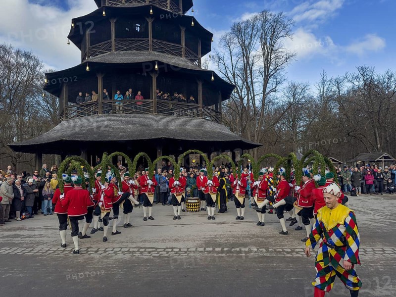 Schaeffler dance in 2026 in the English Garden, behind the Chinese Tower. The event takes place every 7 years between Epiphany and Shrove Tuesday, Munich, Bavaria, Germany
