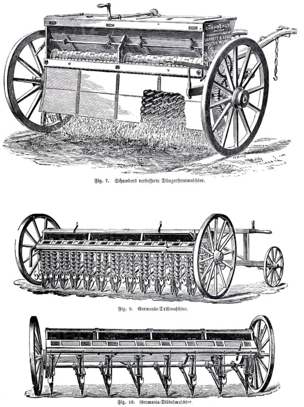 Agricultural equipment, Chambers improved fertiliser spreader with patent, Germania drill, Germania dibble machine, field work, fertilization, improvement, progress, agricultural machinery, work, England, production, wheels, draft animal, drill, seed, plant, mechanization, mechanics, technology, 19th century, historical illustration 1891