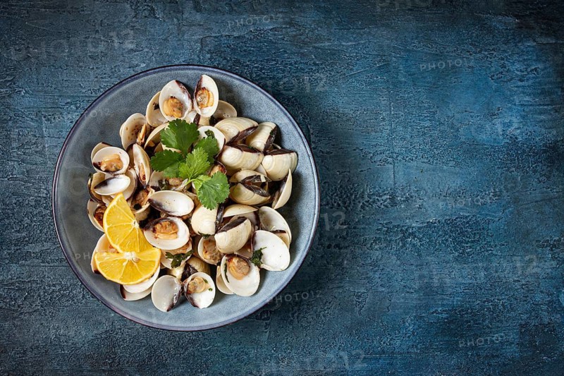 Vongole clams, with spices and white wine, top view, no people