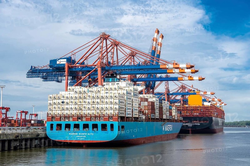 Large container ships Maersk Monte Alto and Wilhelmshaven Express at the berths of the Eurogate container terminal in Hamburg-Waltershof during handling under blue-red container bridges, Hamburg, Germany