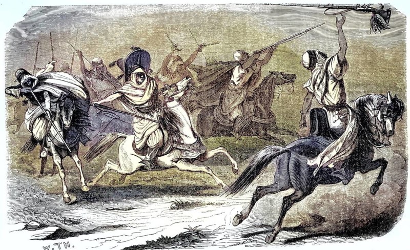19th century illustration depicts the Moroccan Fantasia tradition known as Tbourida. Scene depicts stylized cavalry attacks that serve as a celebration of regional history, Morocco, illustration, reproduction from a 19th-century model. Authentic, file restored for optimal use, exact date of original unknown, historical, colored