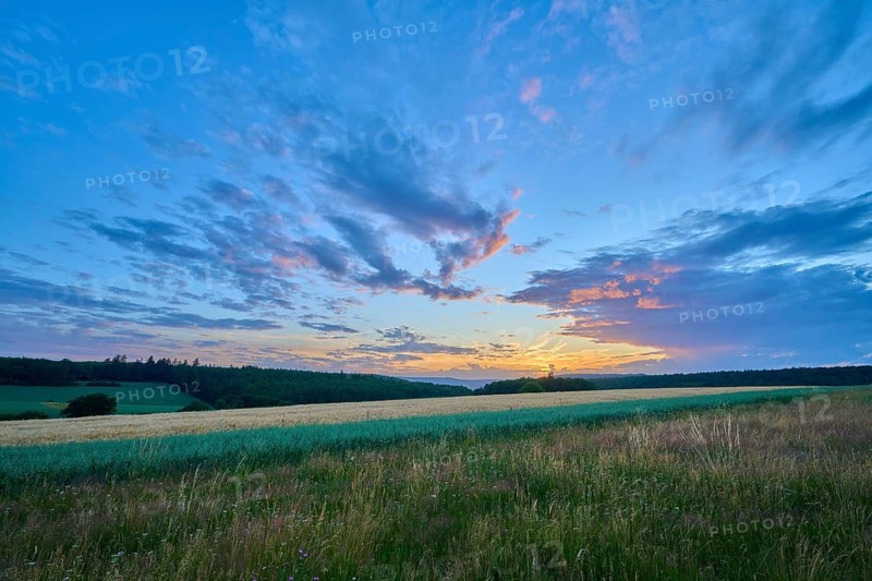 The sky is animated by pastel-colored clouds as the sun sets on the horizon of a green field, summer, Großheubach, Miltenberg, Spessart, Bavaria, Germany