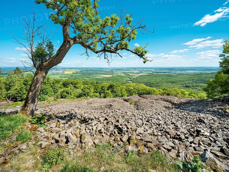 Blockheap on Kleiner Gleichberg, former Celtic oppidum Steinsburg, view over the landscape of the Thuringian Rhön, Römhild, Thuringia, Germany