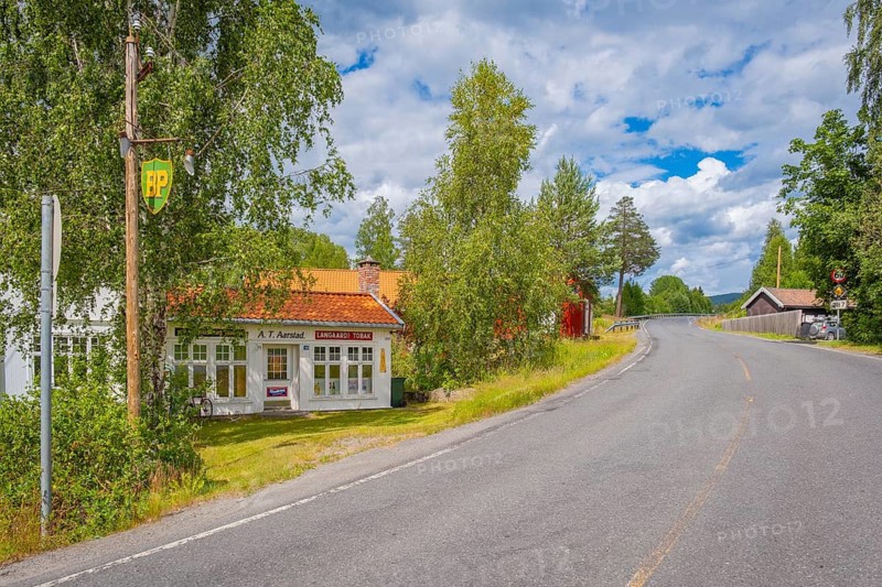 View along a street of an old gas station, Nedre Eggedal, Buskerud Gleiche