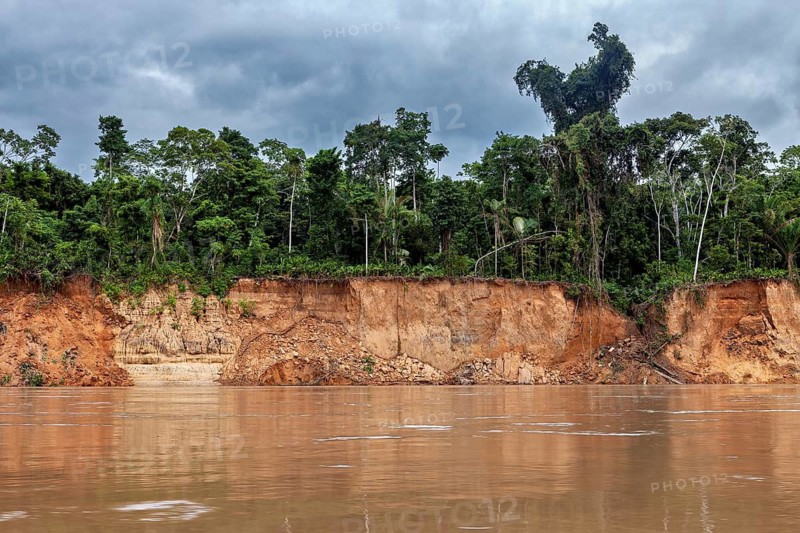 Erosion on the riverbank with forest and cloudy sky behind it, The Beni River near Rurrenabaque in the Amazon Basin in Bolivia