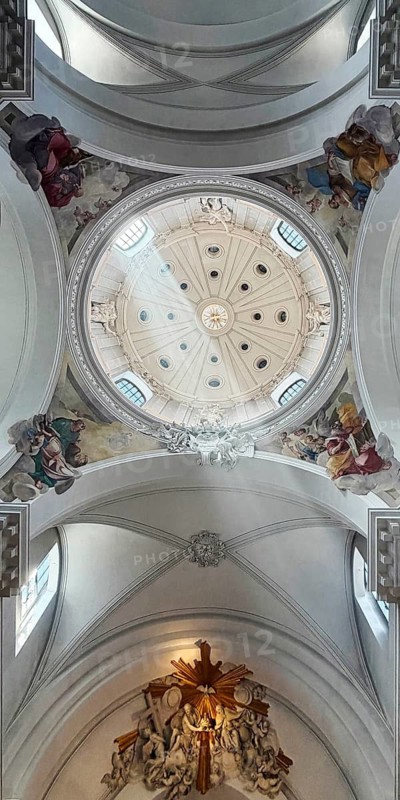 St. Salvator Cathedral in Fulda, officially High Cathedral in Fulda, view of the cathedral dome with sunshine through incense, Baroque quarter, Fulda, East Hesse, Hesse, Germany