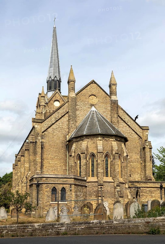 Gothic revival architecture, east end and spire, St John the Evangelist's Church, Woodbridge, Suffolk, England, UK completed 1846