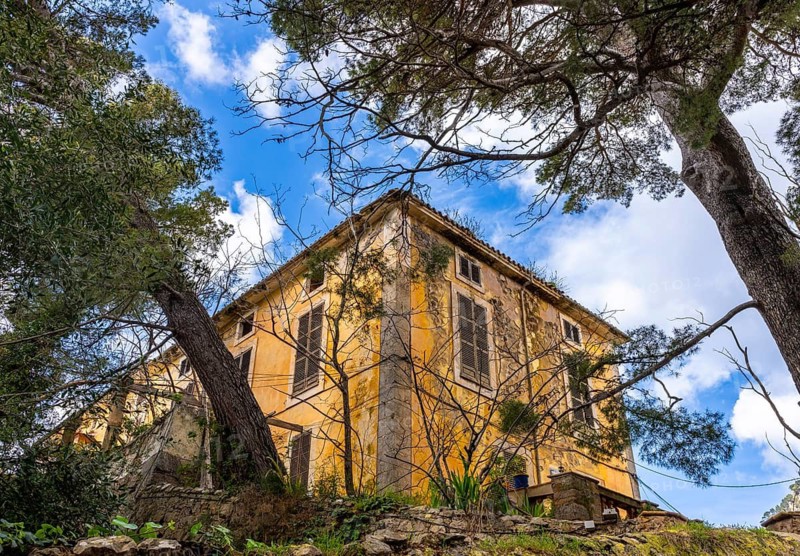 Urban architecture and house facades in the picturesque mountain village of Valdemossa, Majorca, Balearic Islands, Spain