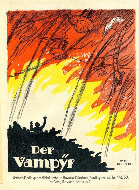 The vampire, From the true life of artists, silent film, Germany, film, Fred Stranz, Gussy Fritz, Hugo Schneider, crowd at a circus with flames and acrobats over the tent in vivid colors, Theo Ortner, 1920