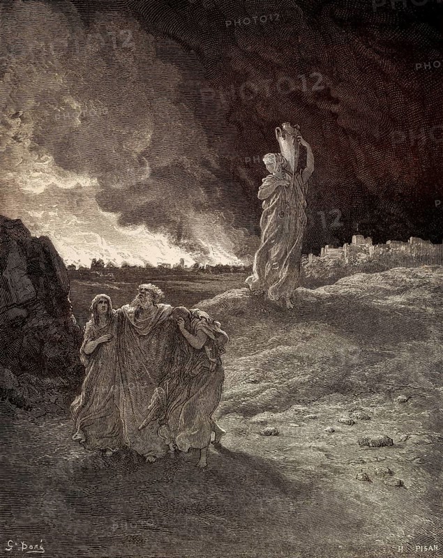 Lot and his family fleeing from burning Sodom and Gomorrah, Old Testament, woodcut by Gustave Doré