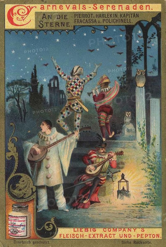 Picture series of carnival serenades, Pierrot, Harlequin, Captain Fracassa and Polichinell during a night serenade under the stars, picture of love, digitally restored reproduction of a collector's painting from around 1900, exact date unknown