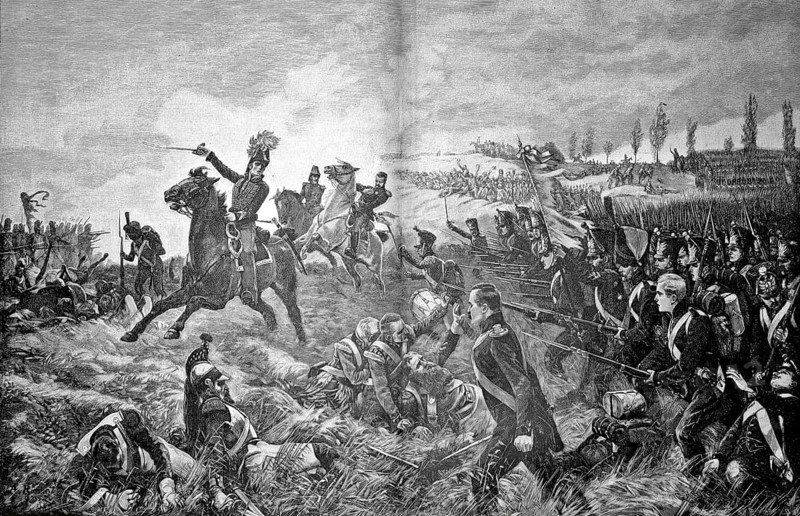 Involvement of the troops of the Duchy of Nassau in the Battle of Waterloo on June 18, 1815. Around 7, 000 Nassau soldiers fought against Napoleon under the supreme command of the Duke of Wellington, illustration, reproduction of a model from the 19th century. Authentic, file restored for optimal use, exact date of submission unknown, historical