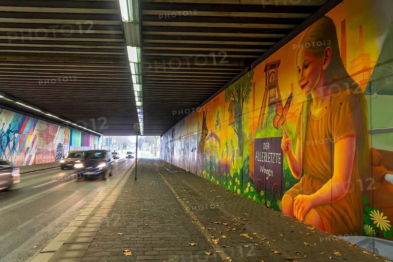 Huge street art pictures in a road tunnel in Gelsenkirchen, the approximately 120 meter long railway underpass of Wickingstraße was extensively painted and sprayed on both sides by 11 Gelsenkirchen graffiti artists and collectives, over a total length of 174 meters, the wall paintings showed motifs from Gelsenkirchen history, from economy, coal, steel, soccer, culture, life, on the 150th anniversary of the city on 29.11.11.25, North Rhine-Westphalia, Germany
