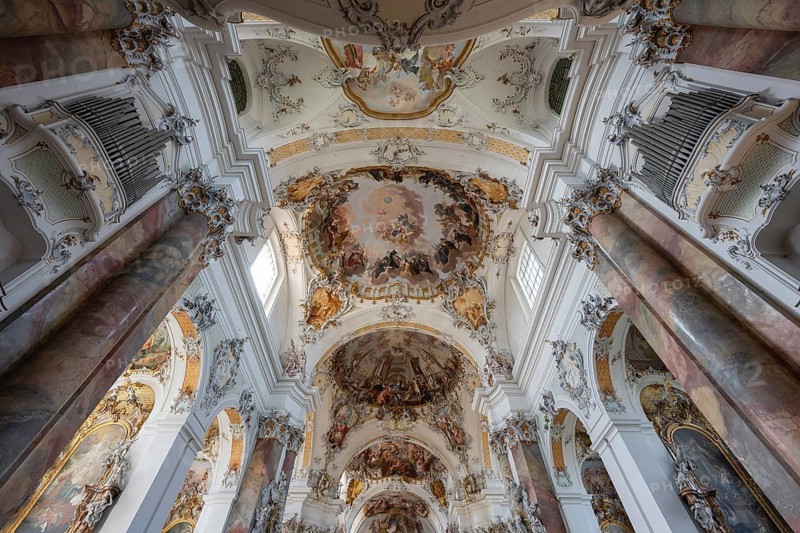 The magnificent Basilica of St. Alexander and St. Theodor in Ottobeuren impresses as a masterpiece of southern German Baroque with its opulent ceiling frescoes and detailed stucco decoration, Ottobeuren, Unterallgäu, Bavaria, Germany
