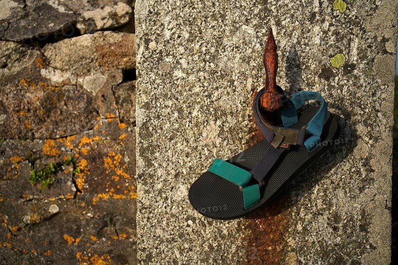 Lost shoe, bath shoe, slippers, hanging on hook, Cape Cape Cornwall, St Just in Penwith, Cornwall, England, Great Britain, Great Britain