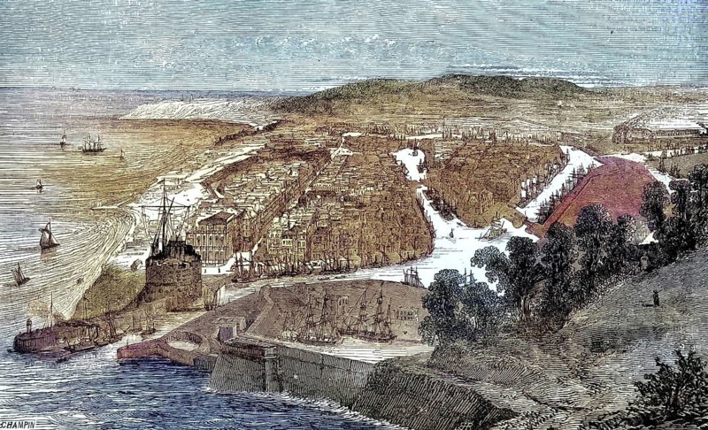 The French port city of Le Havre at the mouth of the Seine in Normandy from a bird's eye view in the 19th century, the historic fortifications, moles and basins, which were of central importance for transatlantic trade and sailing shipping at the time, illustration, reproduction from a model from the 19th century. Authentic, file restored for optimal use, exact date of original unknown, historical, nostalgically colored