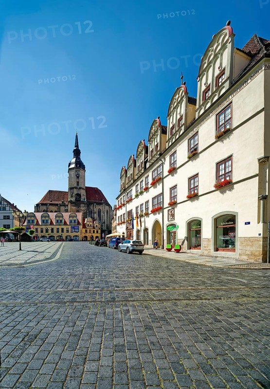 Naumburg market square with Wenceslas Church, town hall and town houses with Renaissance gables, Naumburg, Saxony-Anhalt, Germany