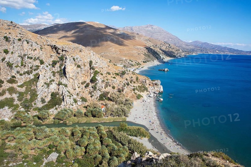 Preveli beach, palm beach on the Megalopotamos or Kourtaliotis river, in the back the Lefka Ori or White Mountains, Agios Vasilios municipality, Rethymno Regional Unit, Crete, Greece
