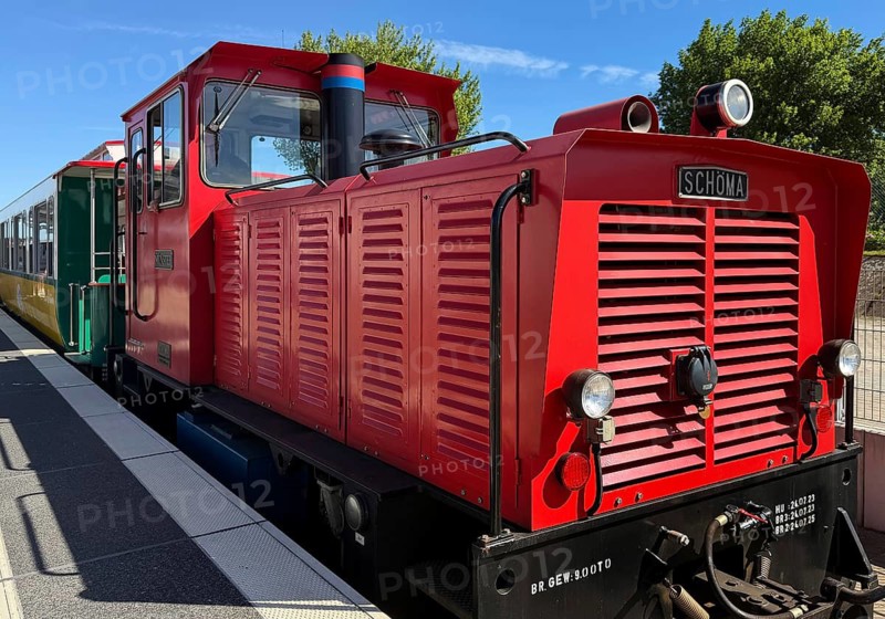 Locomotive with light railway at the ferry dock, the only double-track narrow-gauge railway still in operation in Lower Saxony, Borzburg, Germany