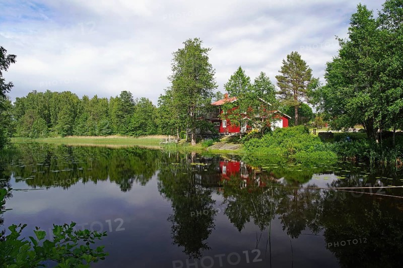 Lakeside with red house on the edge of the forest. Trees are reflected in the water. Peaceful, natural atmosphere, Dalsland Canal, Västra Götalands län, Sweden