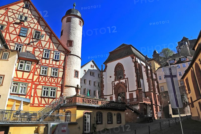 Former Erbgrafenhaus and white tower, Wertheim, Main-Tauber district, Baden-Württemberg, Germany