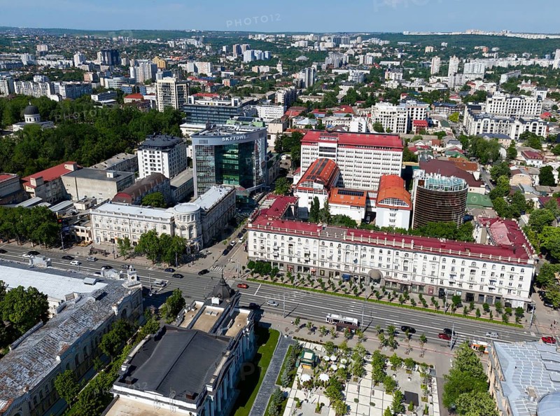 City view with modern and classic architecture and green park areas, aerial view with Sky Tower business center, main post office, modern residential complex with shops, Chisinau, Chisinau, Chisinau, Republic of Moldova, Moldova, Eastern Europe
