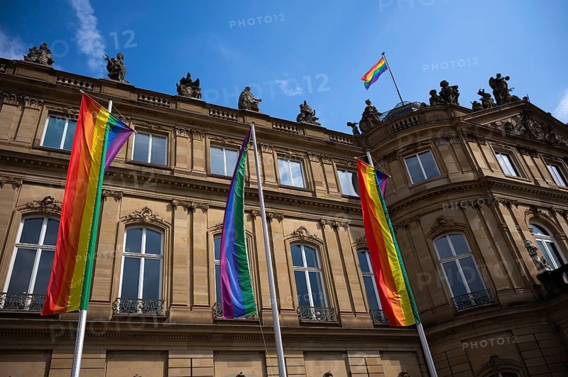 LGBTQ flags in rainbow colors, Stuttgart PRIDE, CSD, Christopher Street Day, New Palace, Schlossplatz, Stuttgart, Baden-Württemberg, Germany